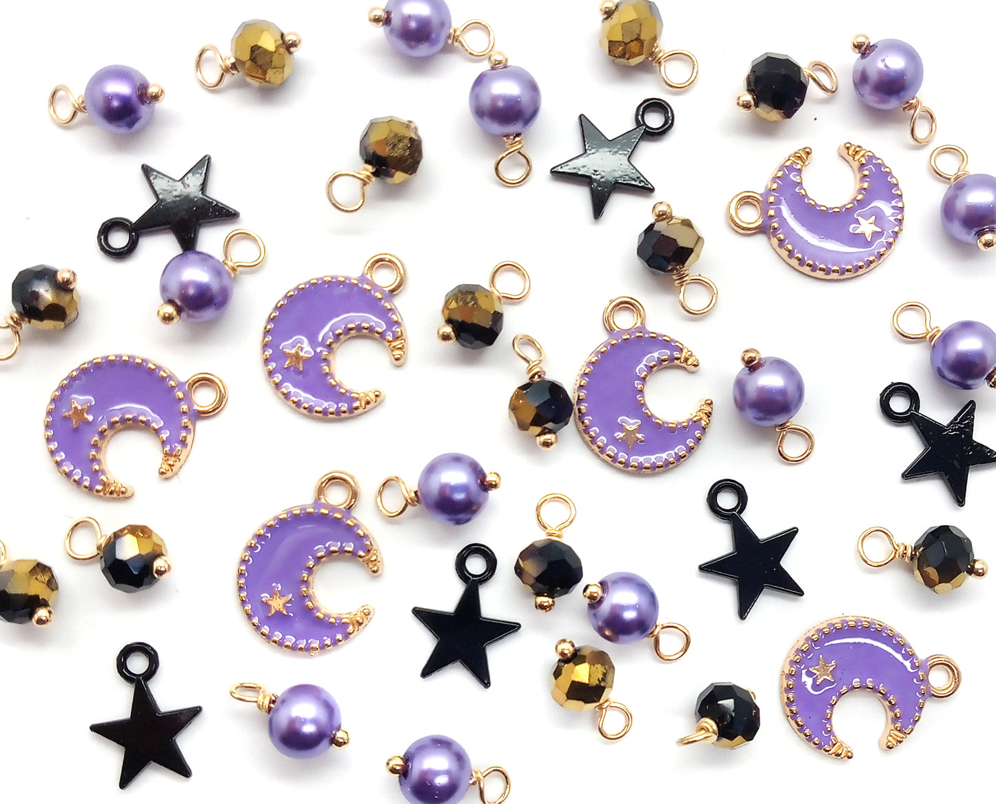 Purple Moon Charm Mix with Black Star Dangles, 12 pieces