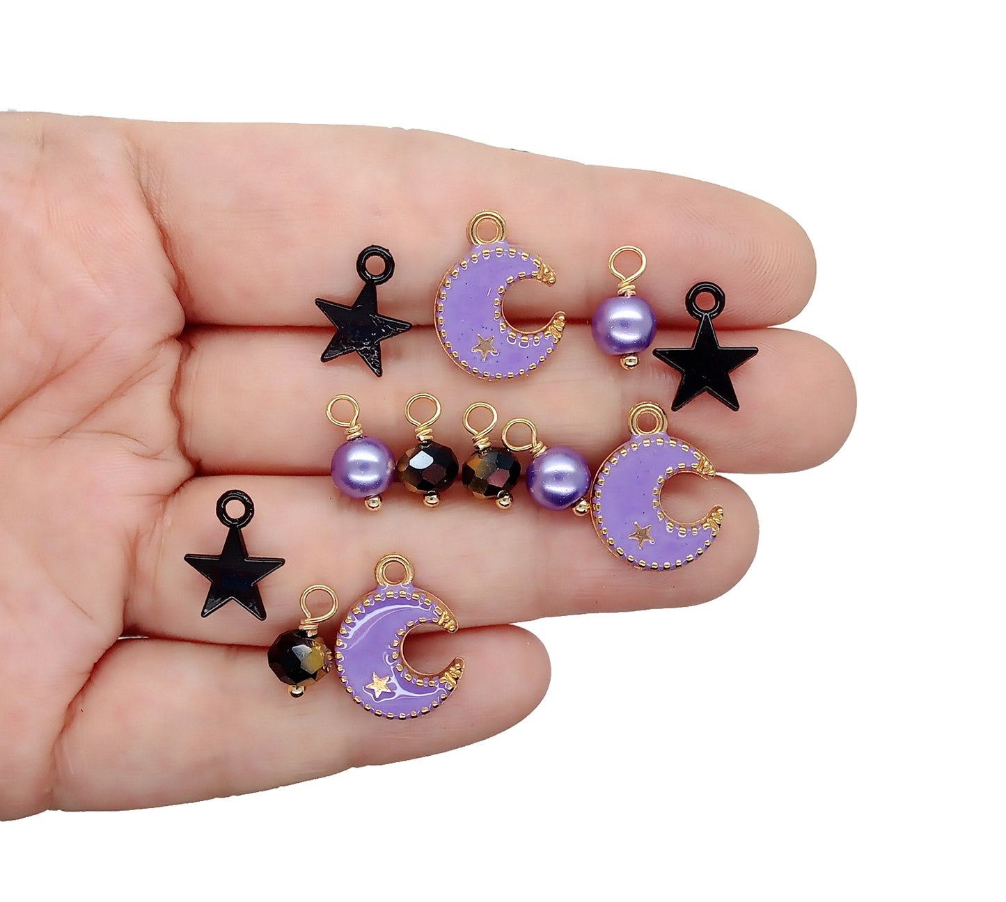 Purple Moon Charm Mix with Black Star Dangles, 12 pieces