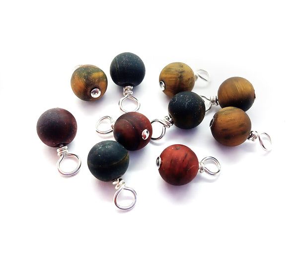 Matte Tiger Eye Dangles, Mixed Colors, 5 - 10 pieces, 6mm Gemstone Charms