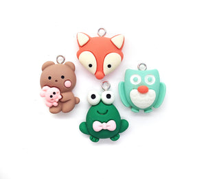 Cute Woodland Animals Charms, 6 piece Mix of Frog Owl Bear and Fox