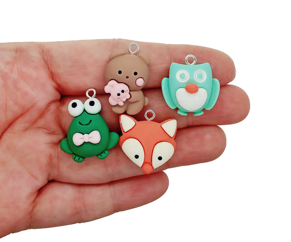 Cute Woodland Animals Charms, 6 piece Mix of Frog Owl Bear and Fox