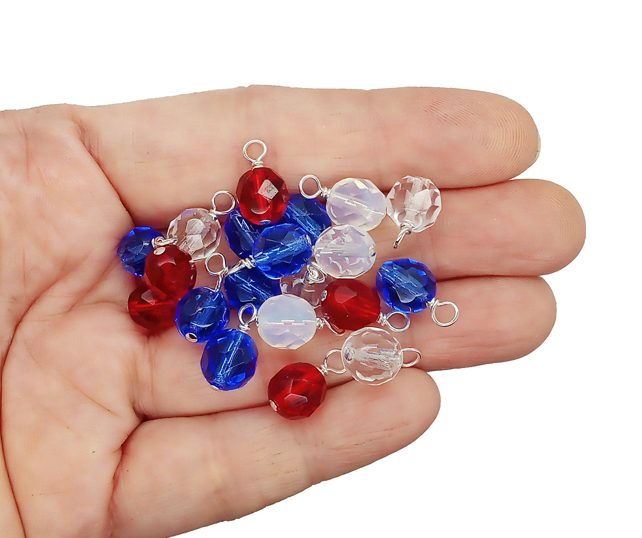 10 pc Colorful Dangles, 8mm Fire-Polished Bead Charms, Patriotic Mix
