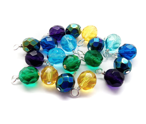 10 pc Colorful Dangles, 8mm Fire-Polished Bead Charms, Peacock Mix