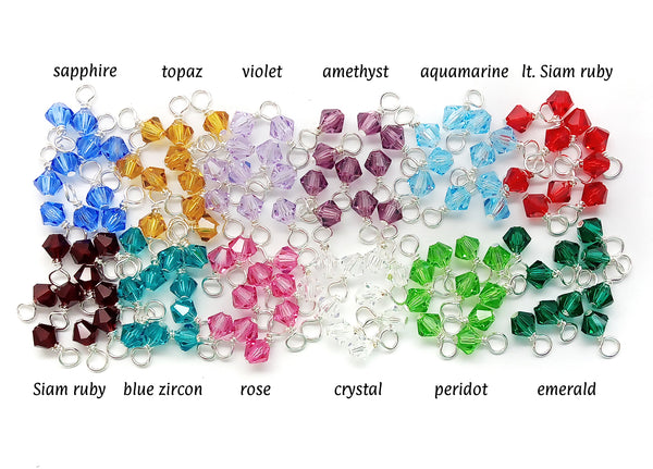 Each color of 4mm bicone bead dangles is named: sapphire, topaz, violet, amethyst, aquamarine, light siam ruby, siam ruby, blue zircon, rose, crystal, peridot and emerald.