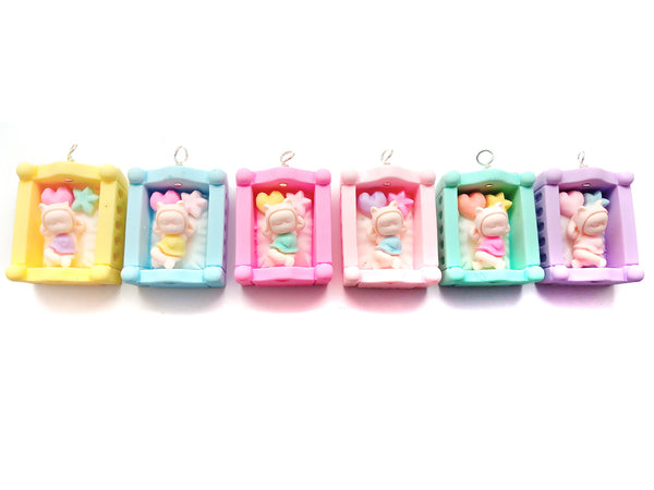Cute Baby in Crib Pendants, 3 pieces in Mixed Pastel Colors