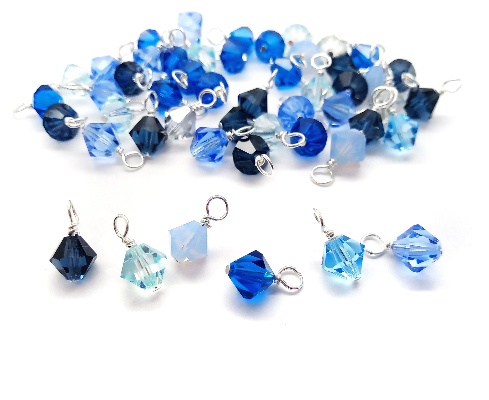 Blue Bicone Dangles, 25 Crystal 6mm Bead Charms in Various Blue Shades