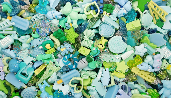 Blue & Green Charm Mix, 20 pc Cute Resin Cabochon Grab Bag
