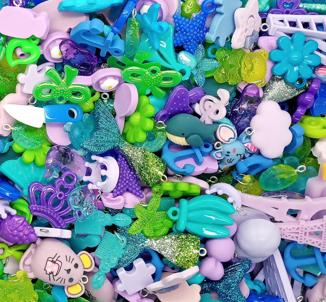 Cute Charm Mix in Blue Green & Purple, 30 pieces, Flatback Resin and Acrylic Mix