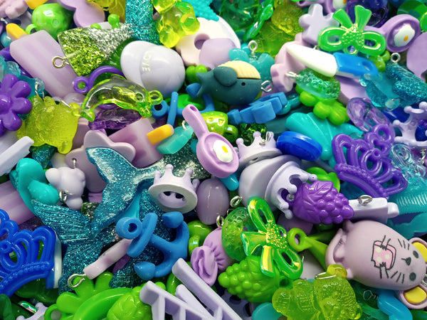 Cute Charm Mix in Blue Green & Purple, 30 pieces, Flatback Resin and Acrylic Mix