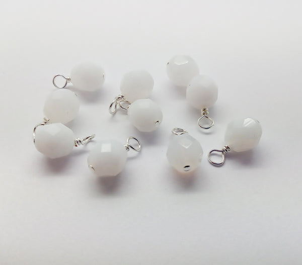 White Fire-Polished Dangle Charms, 8mm Czech Glass Beads