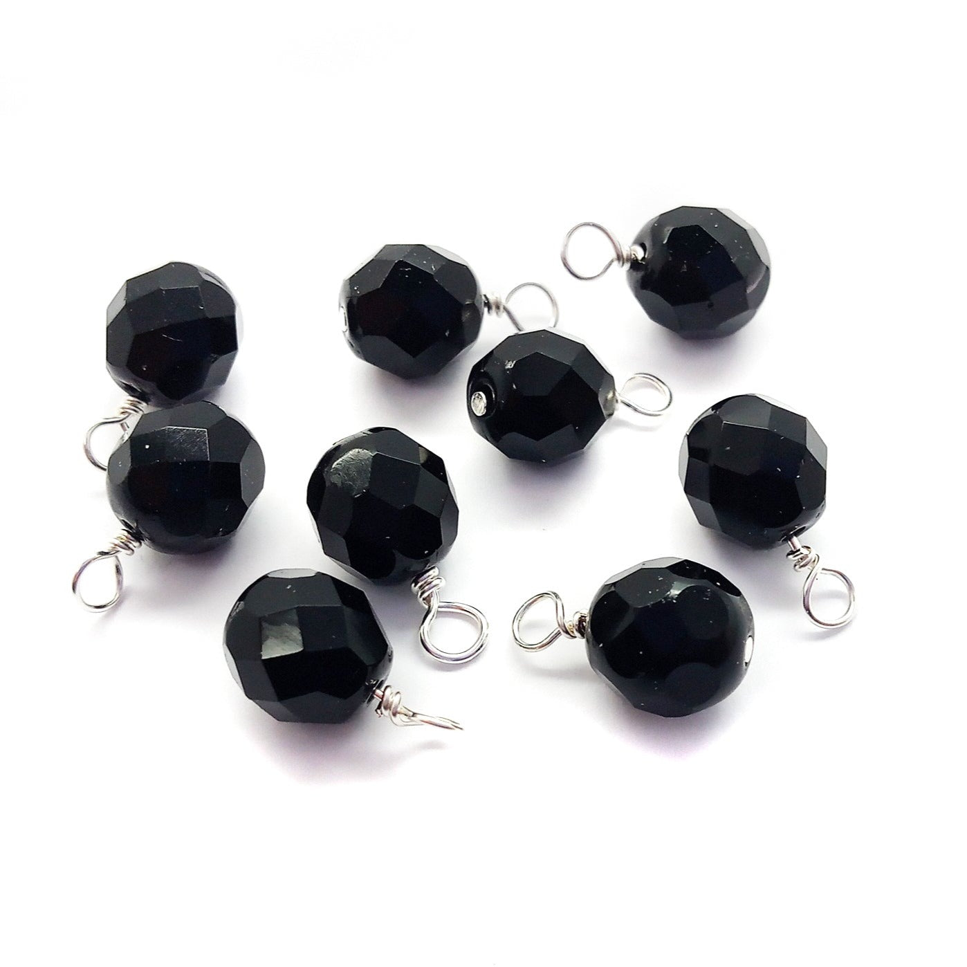 Black Fire-Polished Dangle Charms, 8mm Jet Czech Glass Beads