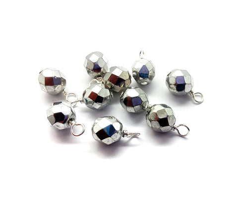 Silver Fire-Polished Dangle Charms, 8mm Czech Glass Beads