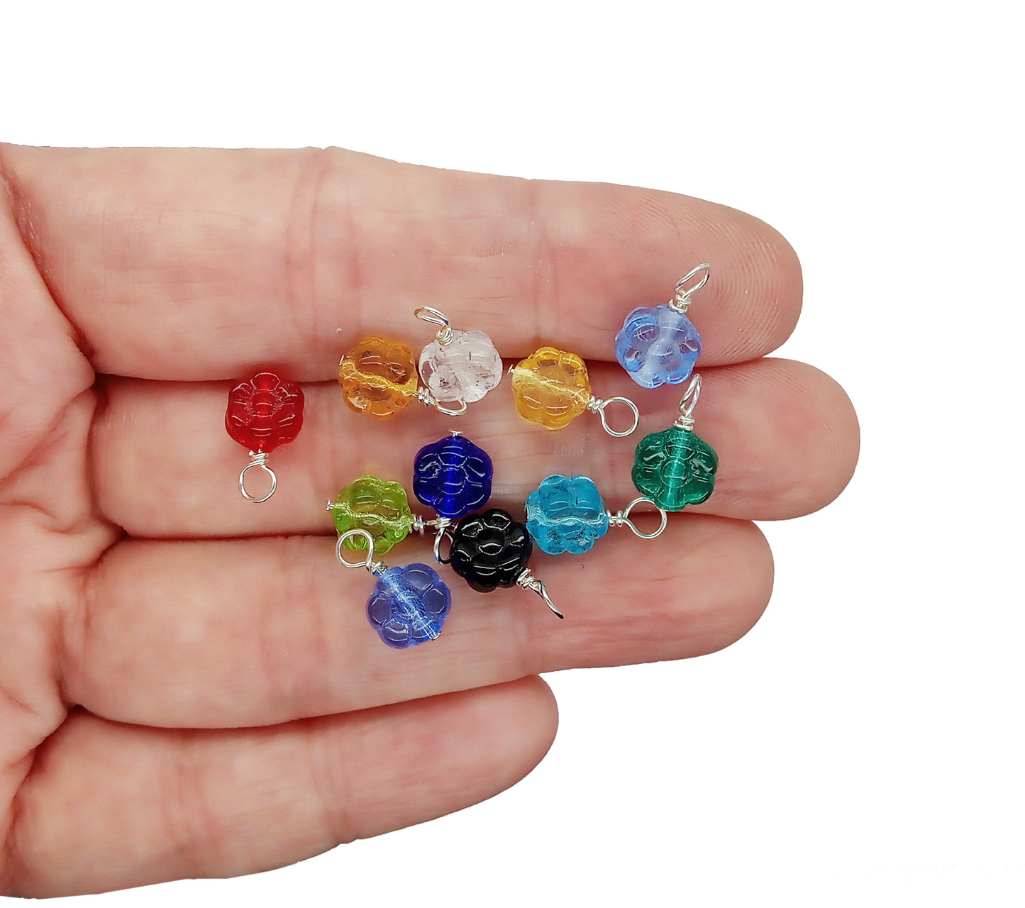 Tiny Flower Bead Dangles, 10 pc sets of Pressed Glass Colorful Charms