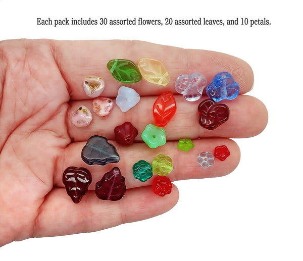 Glass Flowers & Leaves Bead Mix, 60 pieces in Assorted Colors and Styles