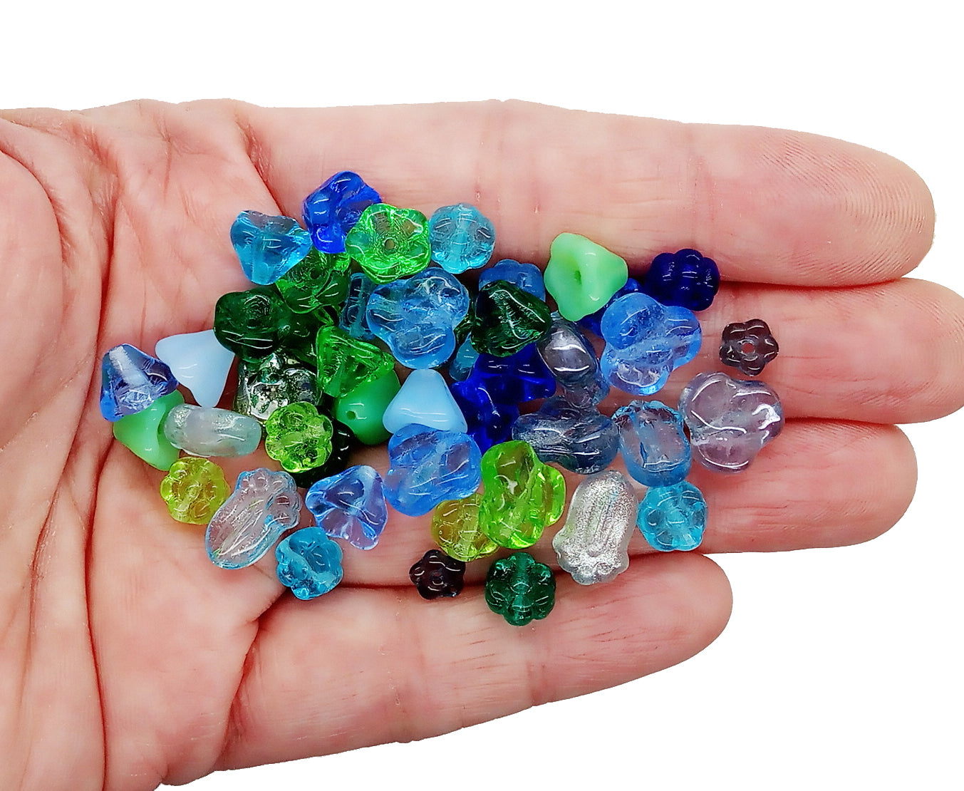 Blue & Green Glass Flower Bead Mix, 50 pieces, Assorted Styles