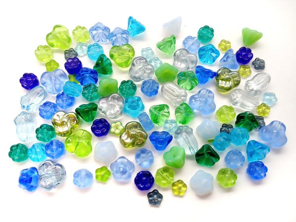 Blue & Green Glass Flower Bead Mix, 50 pieces, Assorted Styles