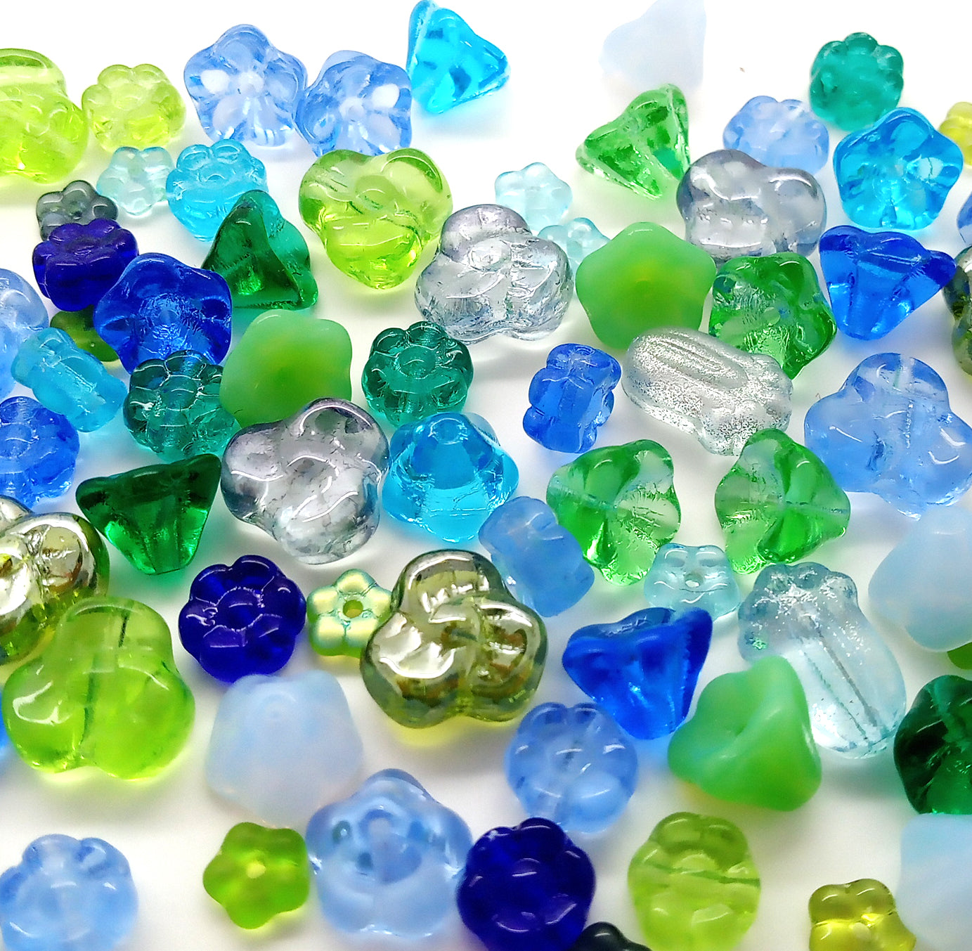 Blue & Green Glass Flower Bead Mix, 50 pieces, Assorted Styles