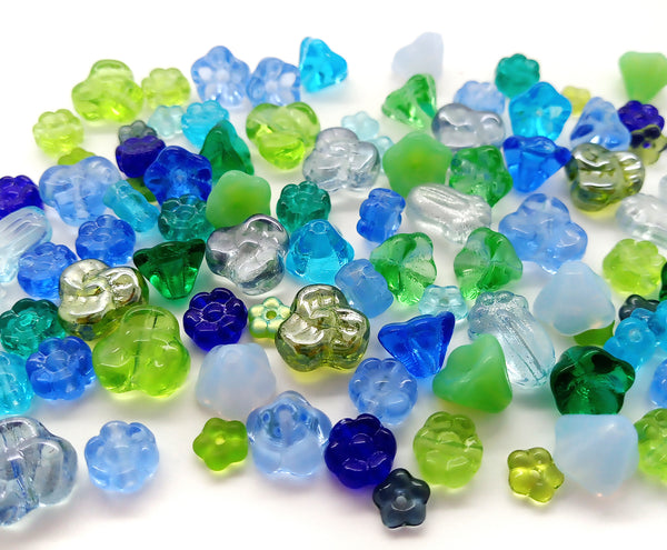 Blue & Green Glass Flower Bead Mix, 50 pieces, Assorted Styles