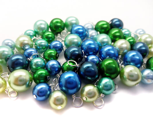 Bead Dangle Mix in Blue & Green, 20 pc 6mm 8mm Glass Pearls, Silver-Plated Wire, Adorabilities