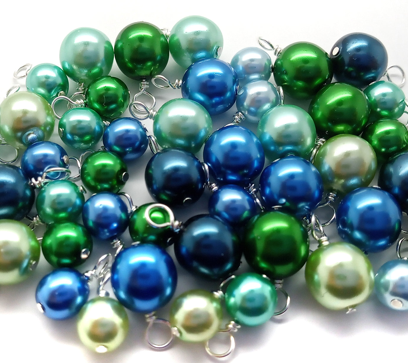 Bead Dangle Mix in Blue & Green, 20 pc 6mm 8mm Glass Pearls, Silver-Plated Wire, Adorabilities