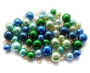 Bead Dangle Mix in Blue & Green, 20 pc 6mm 8mm Glass Pearls, Gold-Plated Wire