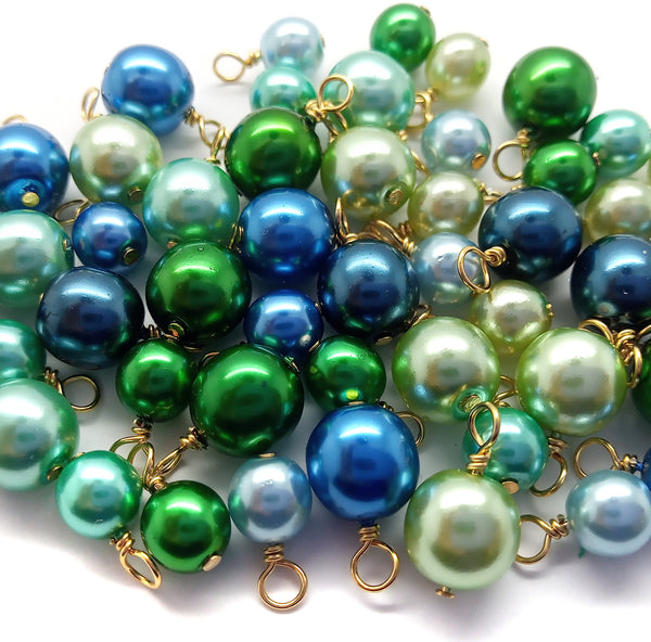Bead Dangle Mix in Blue & Green, 20 pc 6mm 8mm Glass Pearls, Gold-Plated Wire