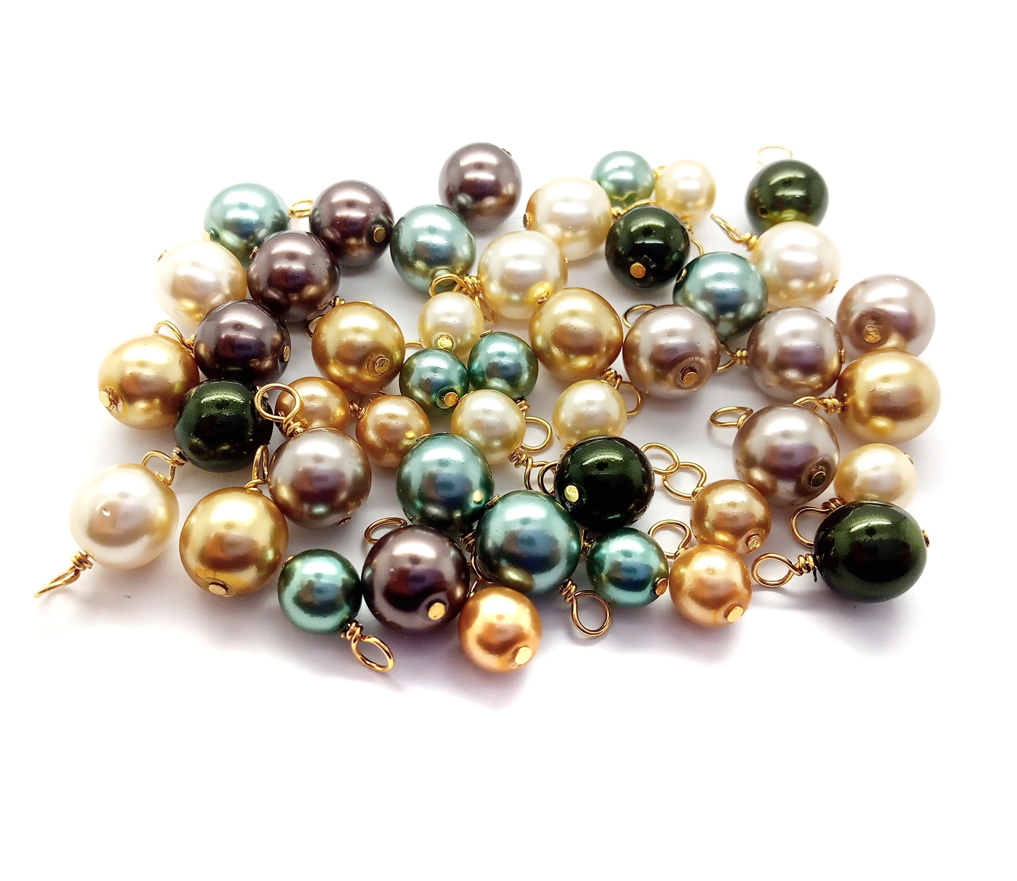 Bead Dangle Mix in Fall Colors, 20 pc Brown & Green Glass Pearls, Gold-Plated Wire, Adorabilities