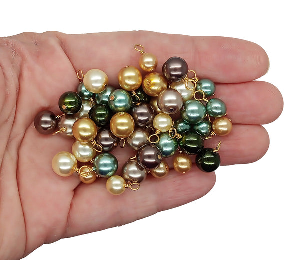 Bead Dangle Mix in Fall Colors, 20 pc Brown & Green Glass Pearls, Gold-Plated Wire, Adorabilities