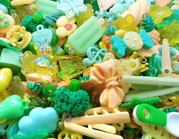 Cute Charm Mix in Green & Yellow, 30 pieces, Kawaii Resin and Acrylic Mix