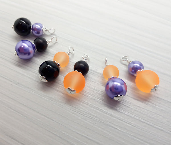 Pretty Halloween Charms, Orange Purple & Black Glass Bead Dangle Pairs for Earrings - Adorabilities Charms & Trinkets