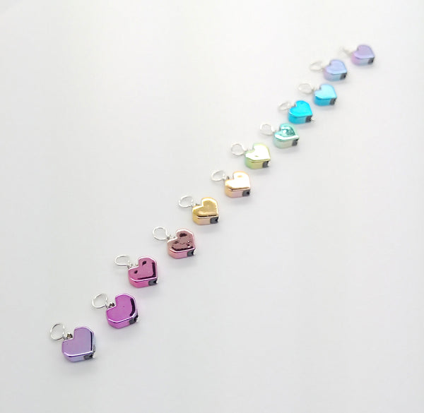 Tiny Heart Charms, Metallic Pastel Rainbow Dangles