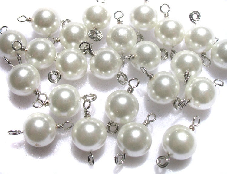 White Bead Charms - Beautiful White Glass Pearl Bead Dangles 8mm Bracelet Charms - Adorabilities Charms & Trinkets