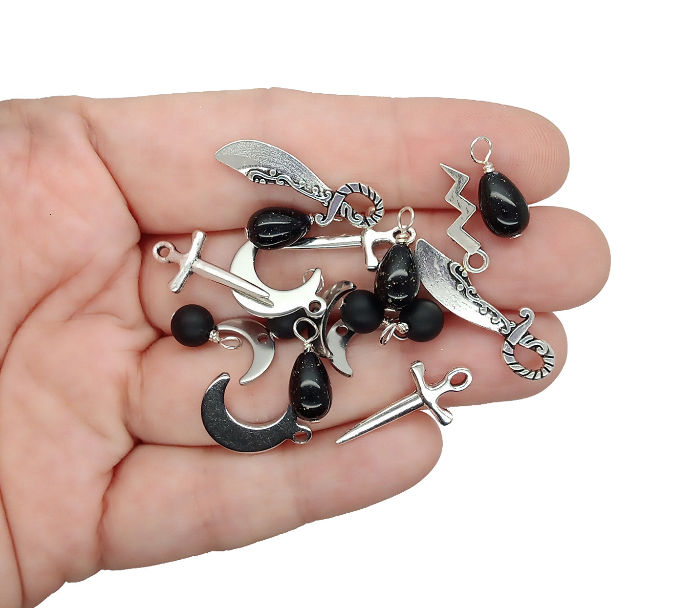 Halloween Charm Mix: Moons, Knives, and Black Bead Dangles
