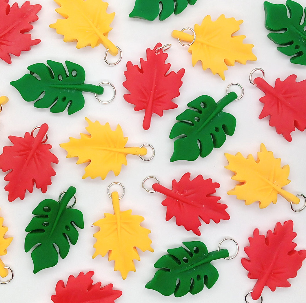 Fall Leaves Pendants, Red Green and Yellow Leaf Charms, 10 pcs