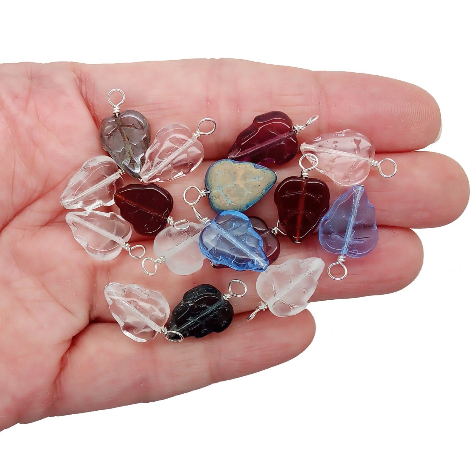 Mixed Leaf Bead Dangles, 20 pieces, Czech Glass Leaves Charms in Assorted Colors