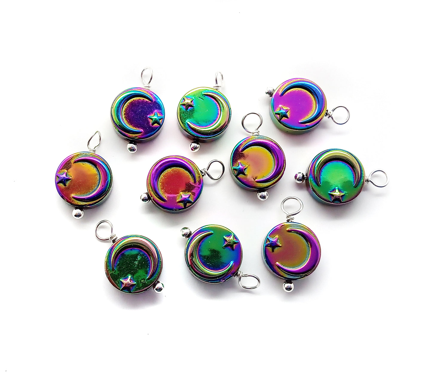 Metallic Moon Charms, Iridescent Moon with Star Bead Dangles