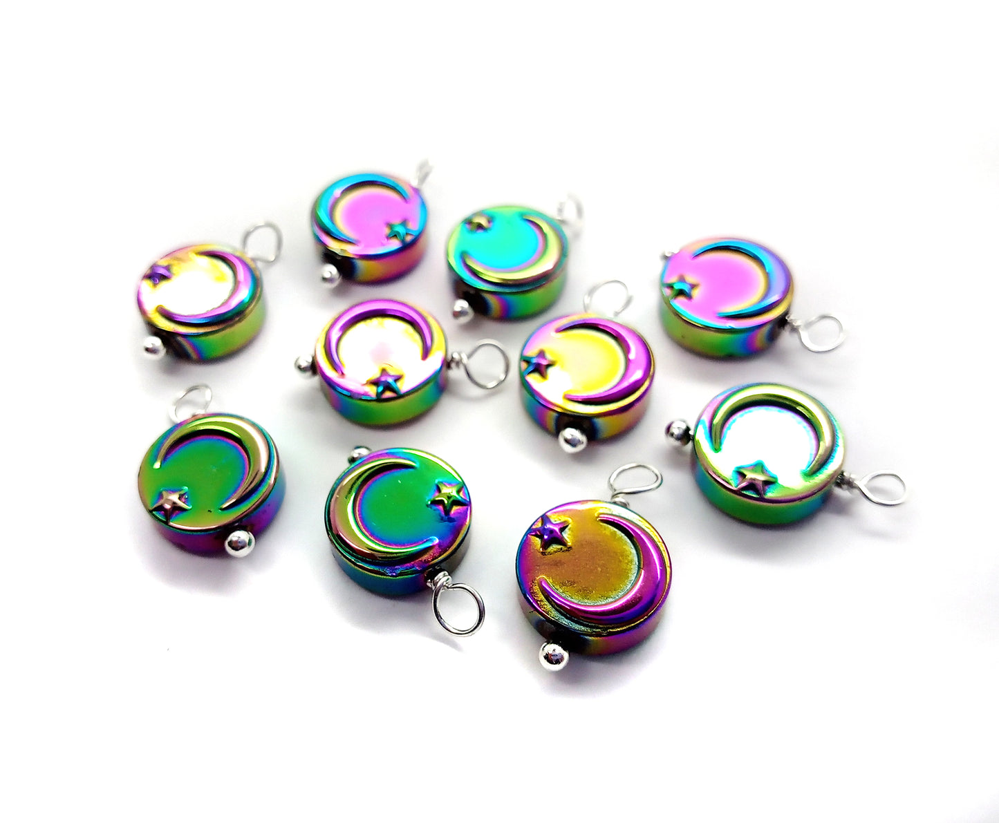 Metallic Moon Charms, Iridescent Moon with Star Bead Dangles