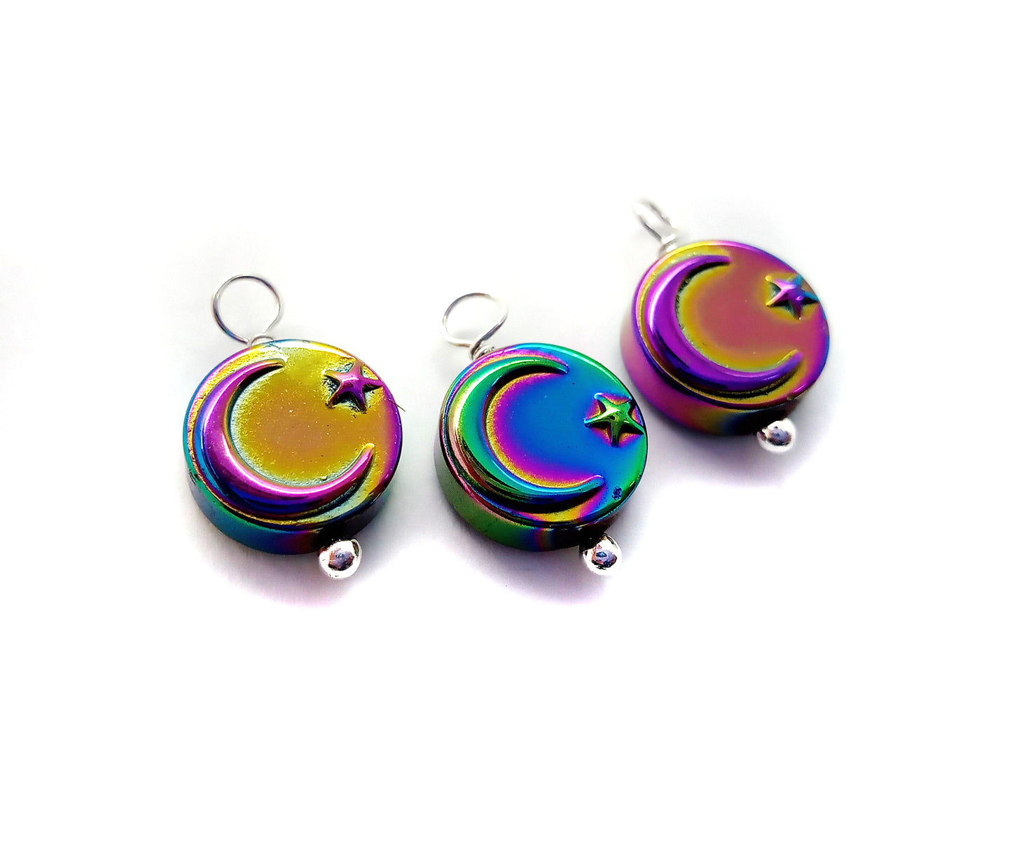 Metallic Moon Charms, Iridescent Moon with Star Bead Dangles