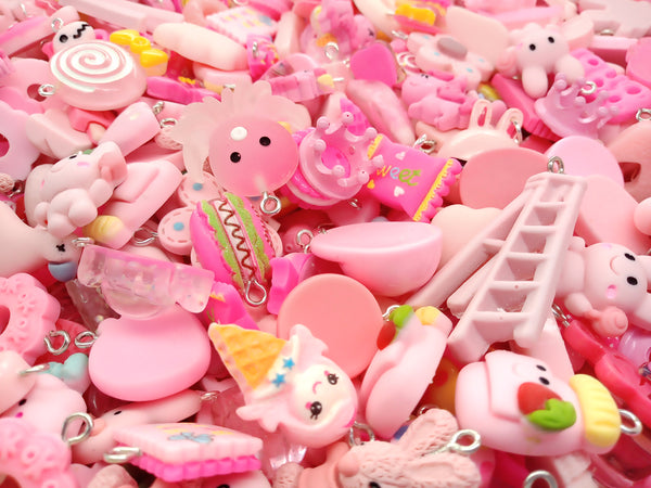 Pink Kawaii Charm Mix, 25pc Cute Resin Cabochon Charm Grab Bag