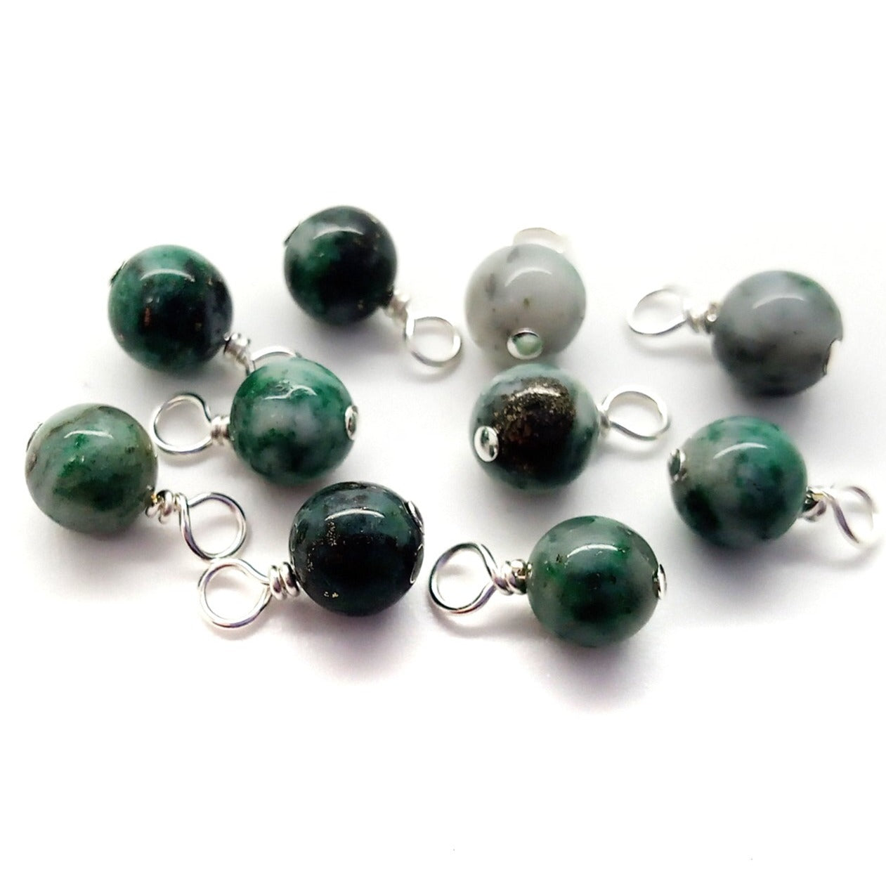 Pyrite in Green Jade Bead Charms, Natural 6mm Gemstone Dangles