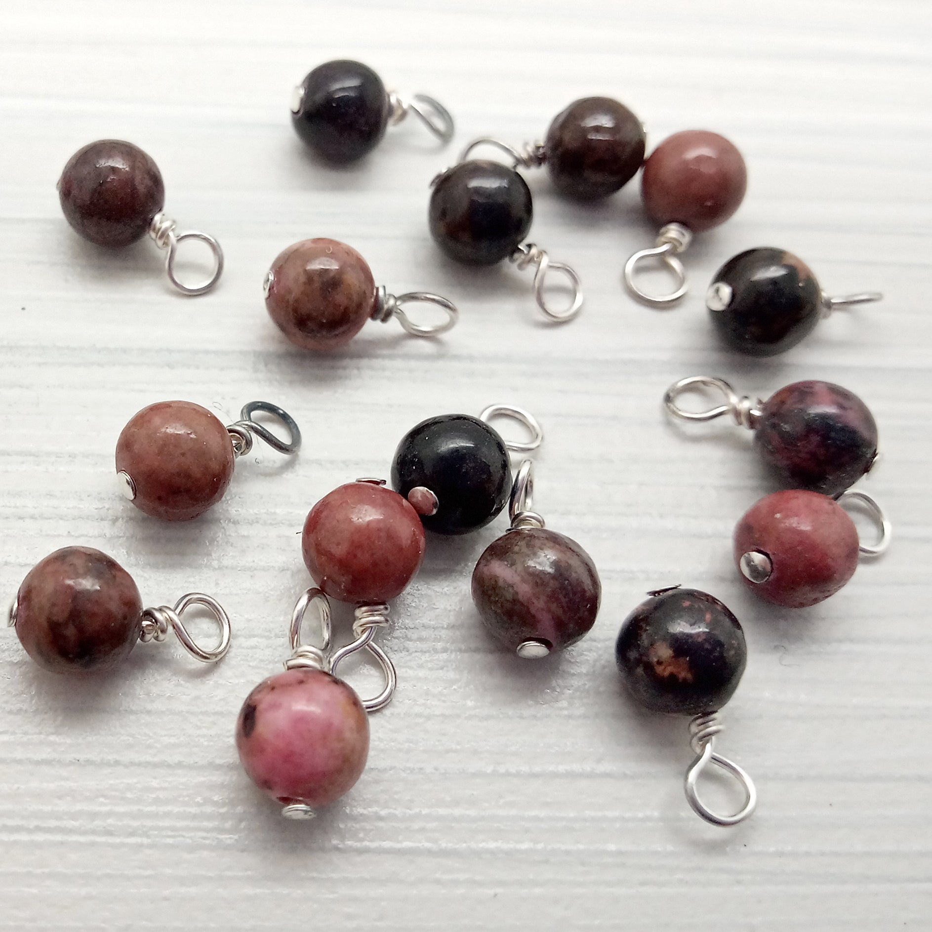 Rhodonite 6mm Bead Charms, Pink & Black Gemstone Dangles - Adorabilities Charms & Trinkets