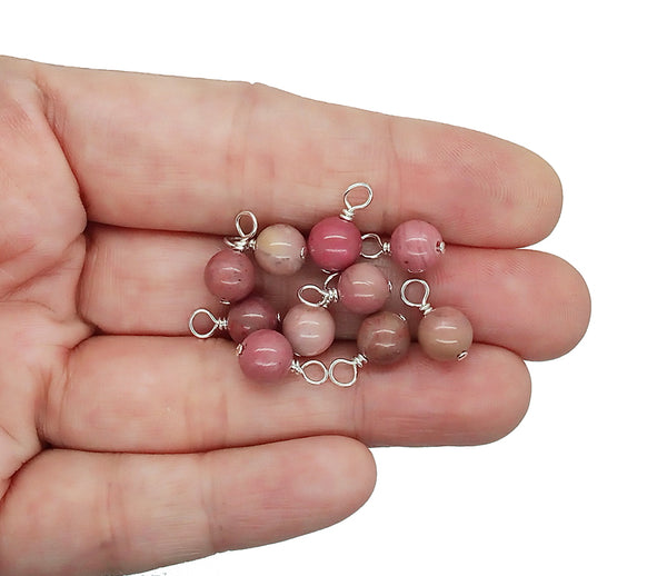Pink Rhodonite 6mm Bead Charms, Gemstone Dangles - Adorabilities Charms & Trinkets