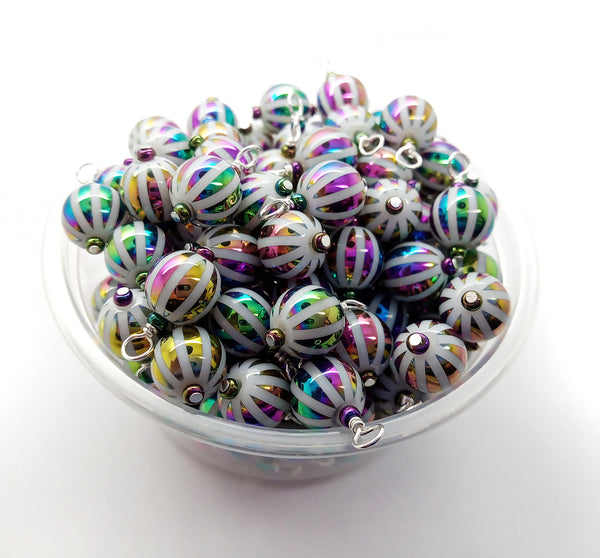 Beautiful Striped Dangles, Rainbow Iridescent Glass Bead Charms, Set of 10