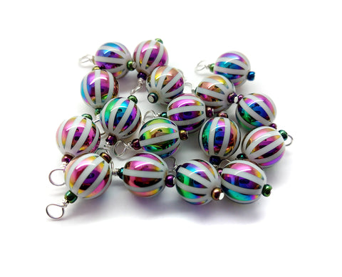 Beautiful Striped Dangles, Rainbow Iridescent Glass Bead Charms, Set of 10