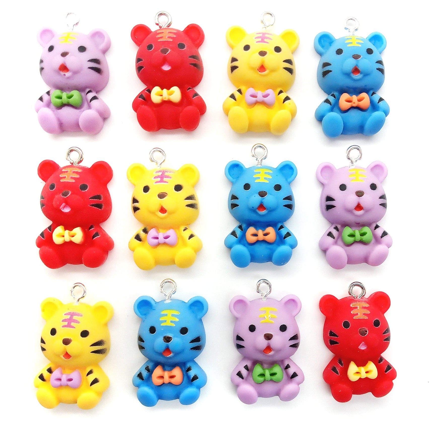 Cute Tiger Charms, 6 piece Mix of Resin Cabochon Pendants, Purple Red Yellow and Blue