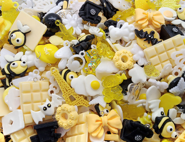 Cute Charm Mix in Yellow Black & White, 30 pieces, Kawaii Resin and Acrylic Mix