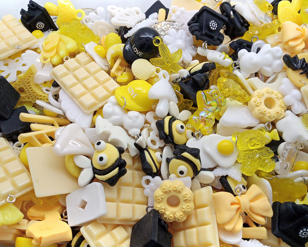 Cute Charm Mix in Yellow Black & White, 30 pieces, Kawaii Resin and Acrylic Mix